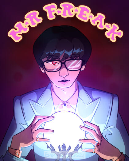 A drawing of Key from SHINee ominously leaning over a glowing blue crystal ball