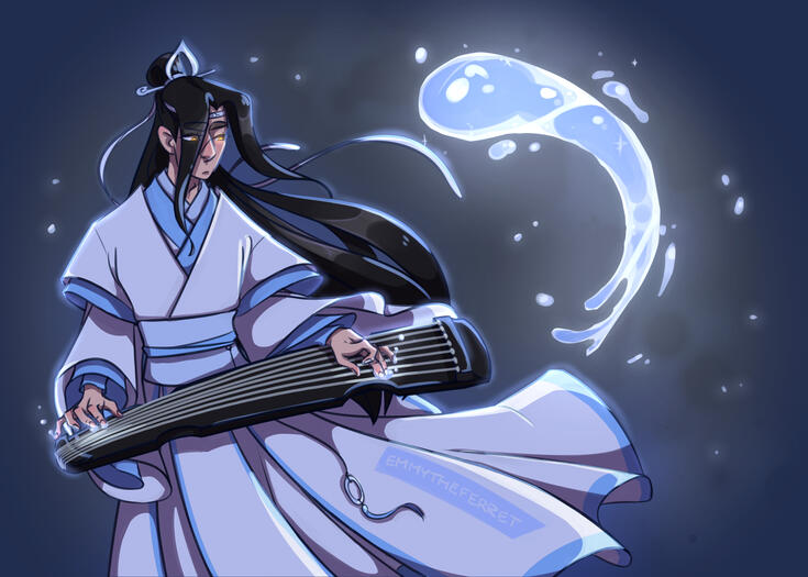 Lan Wangji playing the guqin and controlling glowing water