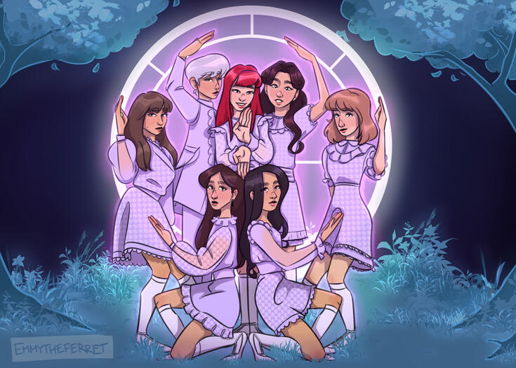 Seven girls in purple lacy dresses are posed in a glowing turquoise forest. Their arms are interlinked to make a big circle. Behind them is the glowing GWSN logo, which sort of resembles a compass.
